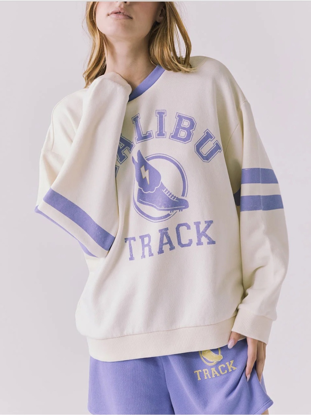 Chaser Cream Sweatshirt with Lavender Trim